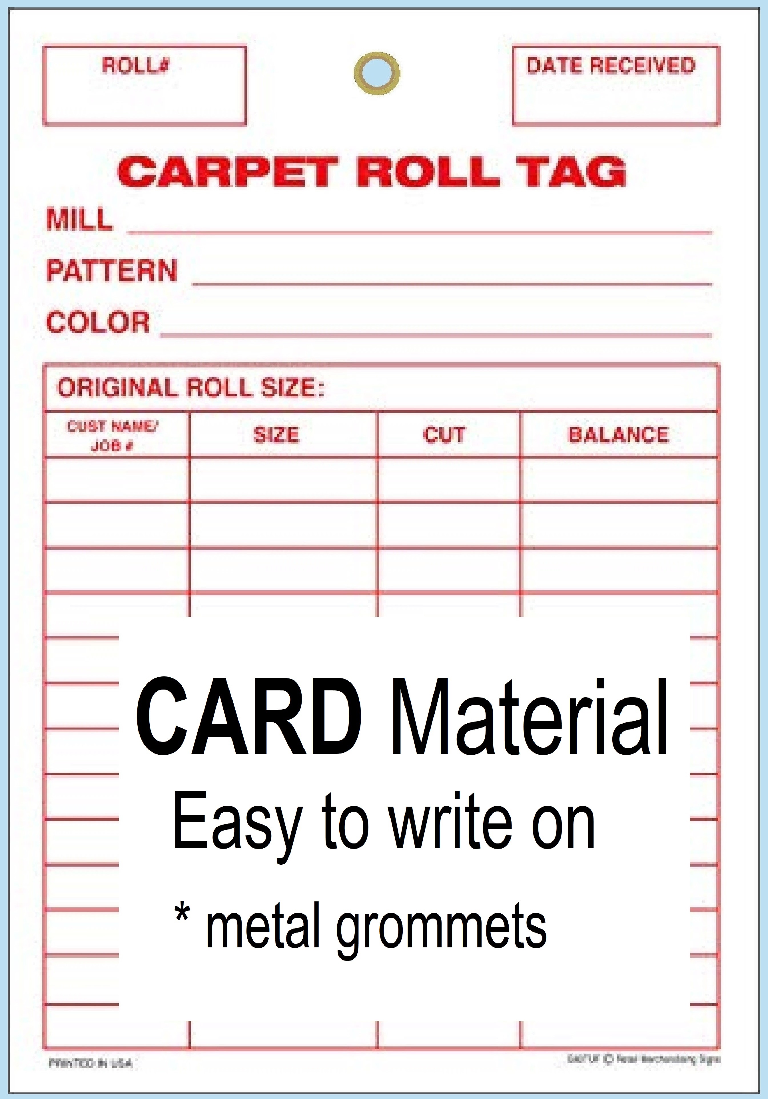 G60TUF Carpet Roll Inventory Tag Carpet Grommet 5in x 7in 100 pack